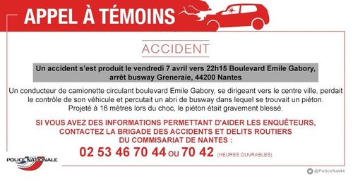 Nantes : la police lance un appel à témoins après un grave accident